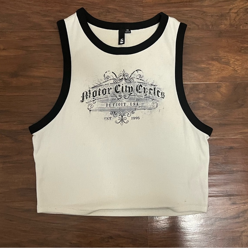 Garage White and Black Graphic Crop Top